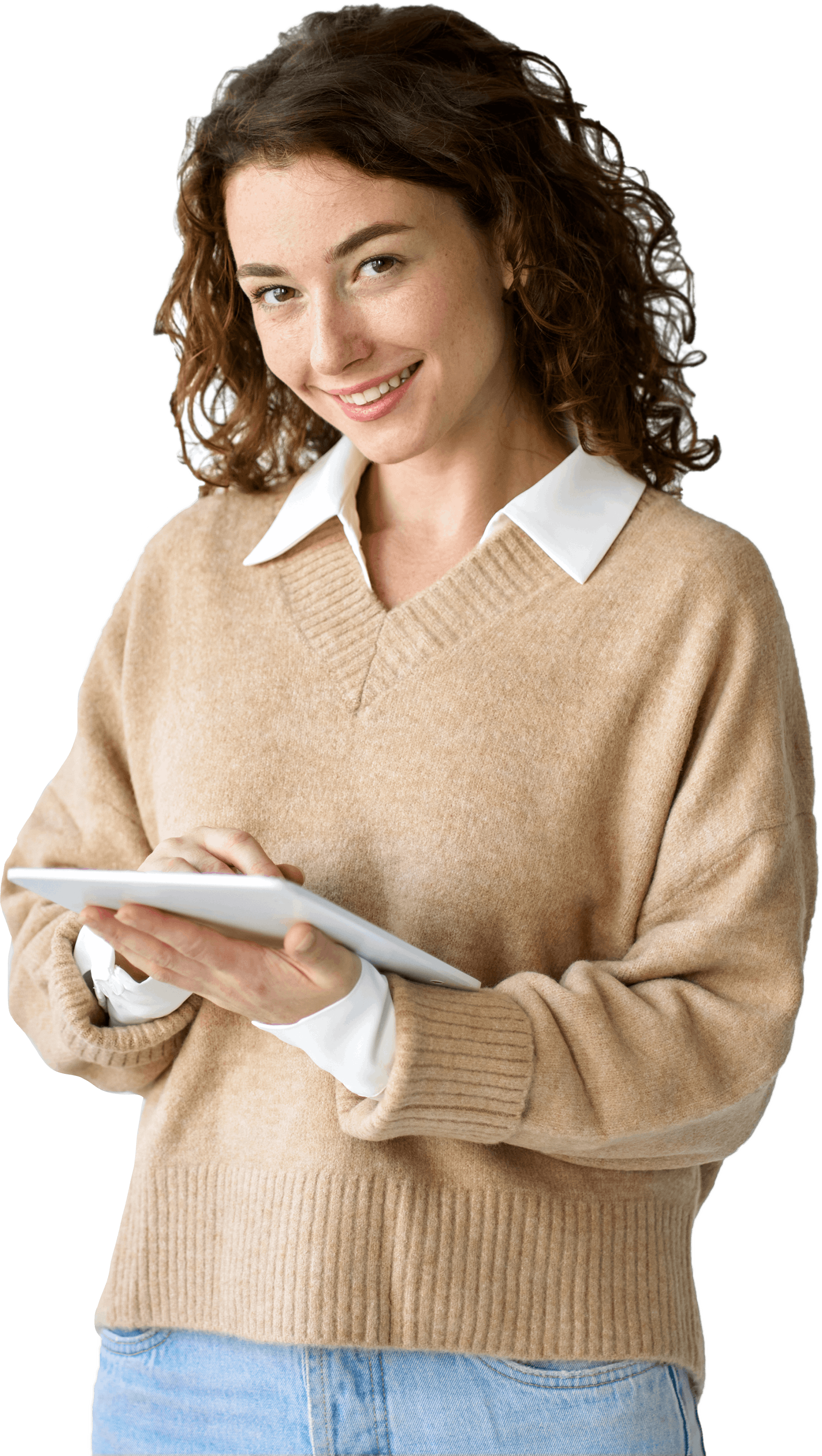 Woman smiling and holding iPad